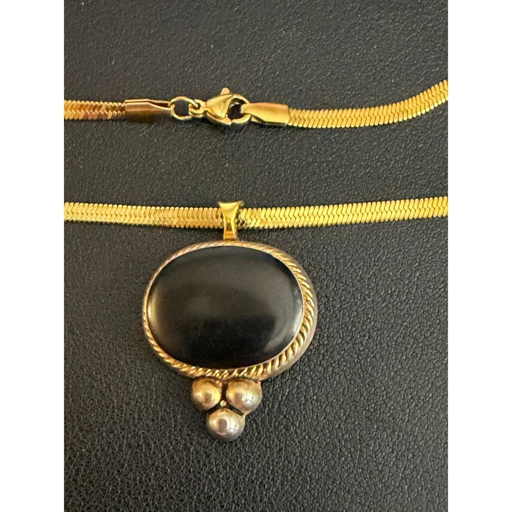 Vintage Necklace Gold Tone Black Herringbone Chain